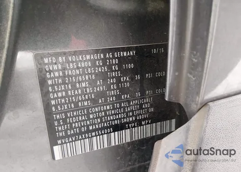 2016 Volkswagen Tiguan S from USA, damaged, VIN WVGAV7AX9GW554005